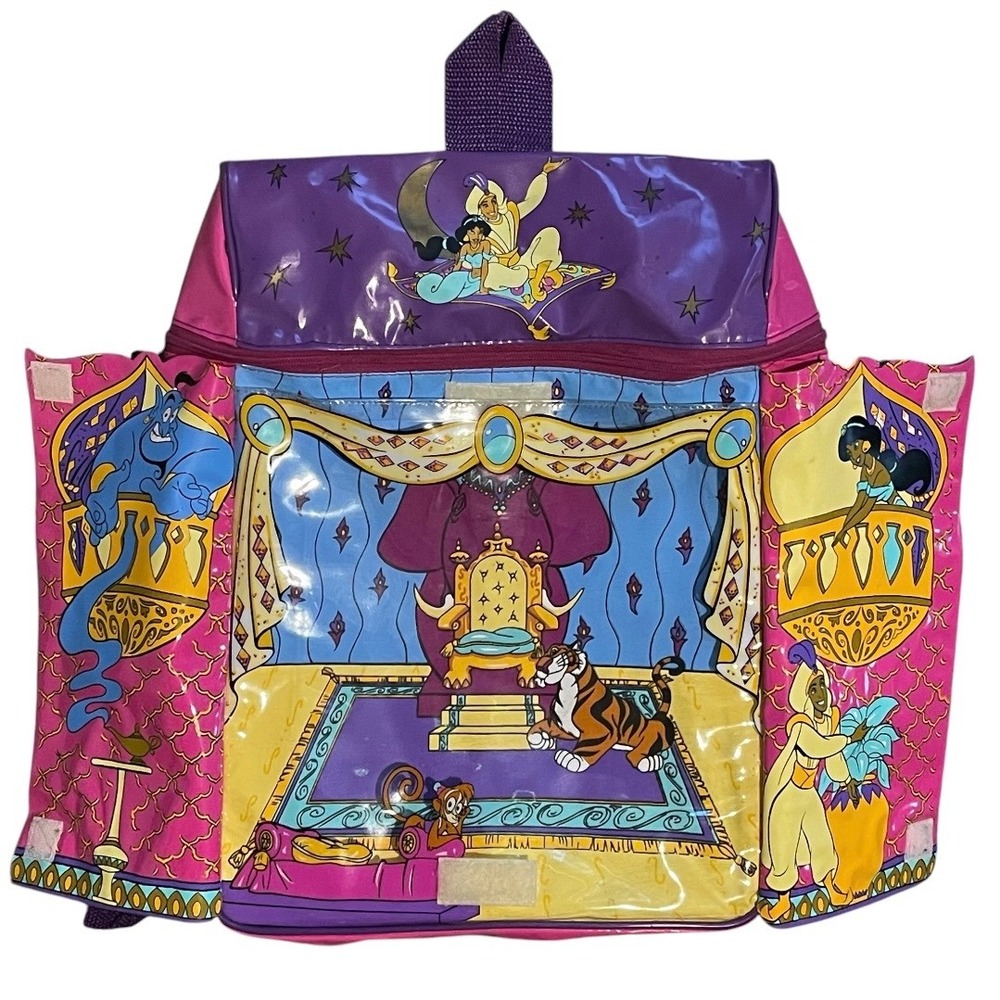 Vintage Disney Aladdin Jasmine Genie Pink Purple Vinyl Backpack 90s Kids Bag